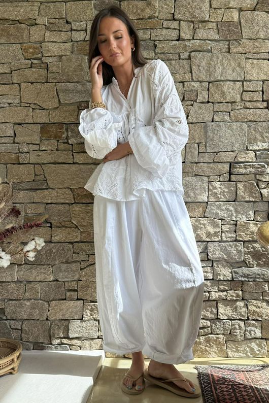 Inga Stretch Poplin Cotton Barrel Pant White
